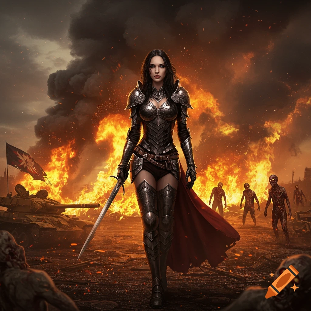 A dark-haired female warrior in ornate armor with a sword stands heroically amidst a fiery, smoky battlefield with tanks and advancing zombies.