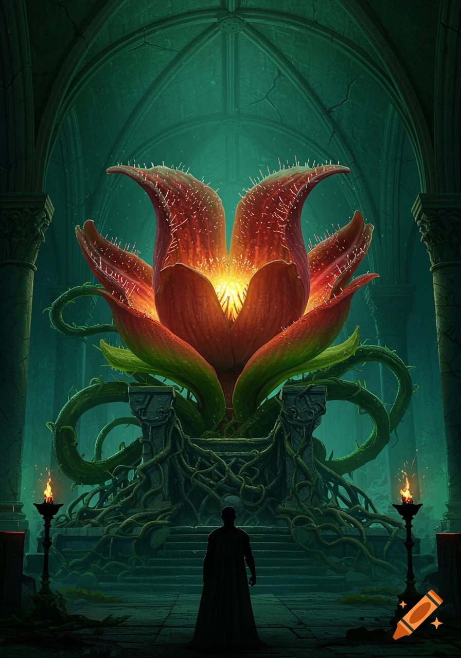 A silhouetted figure faces a large, glowing red and green carnivorous plant on a throne in a dark, gothic castle chamber.