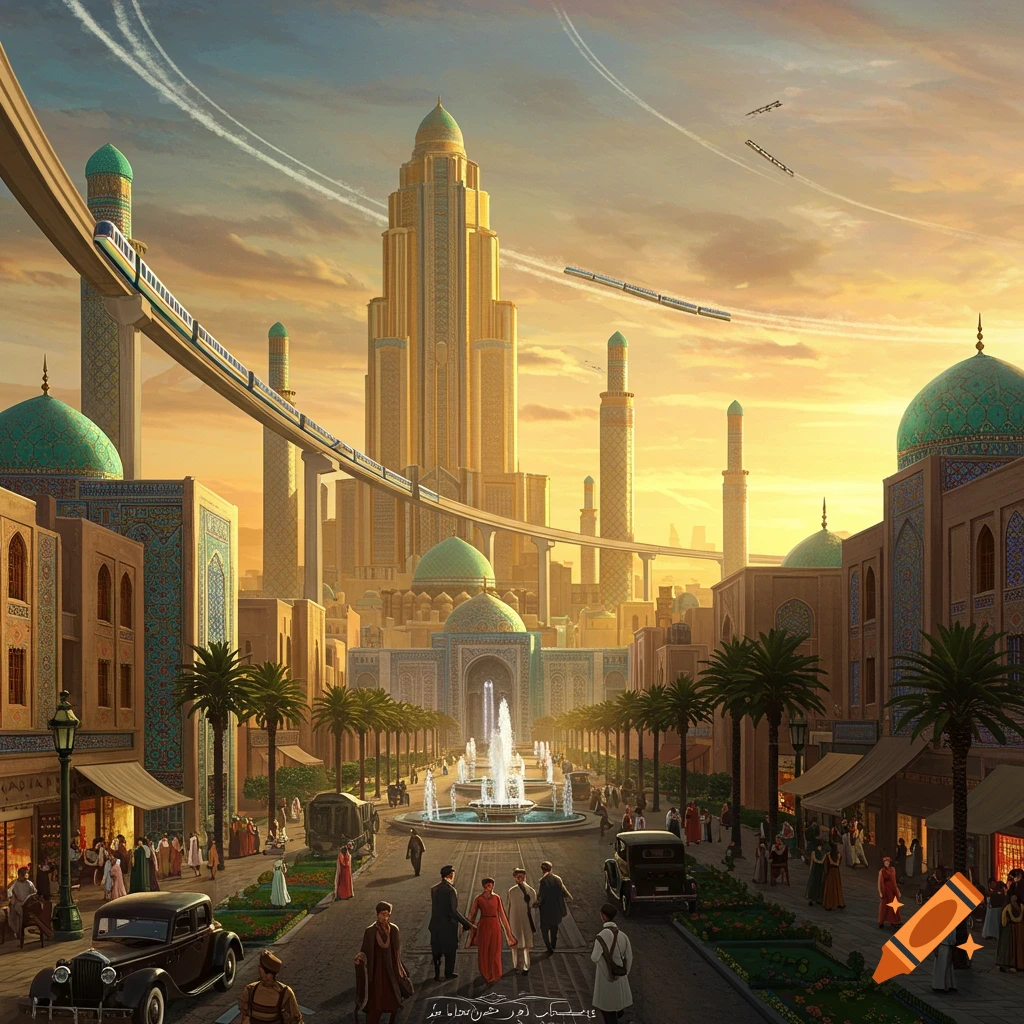 A vibrant, retro-futuristic cityscape at sunset, blending traditional Middle Eastern architecture with elevated monorails and 1920s cars, bustling with people.
