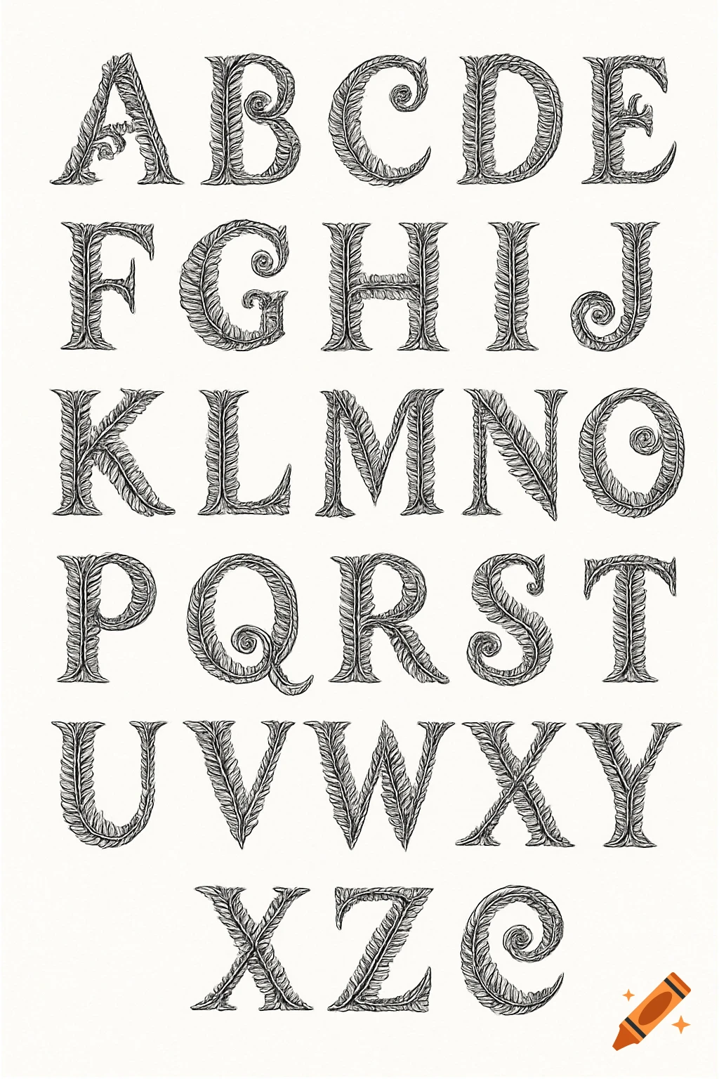 An intricate hand-drawn alphabet where each letter is formed by the unfurling of a silver fern frond, rendered in high-contrast black ink on a white background.