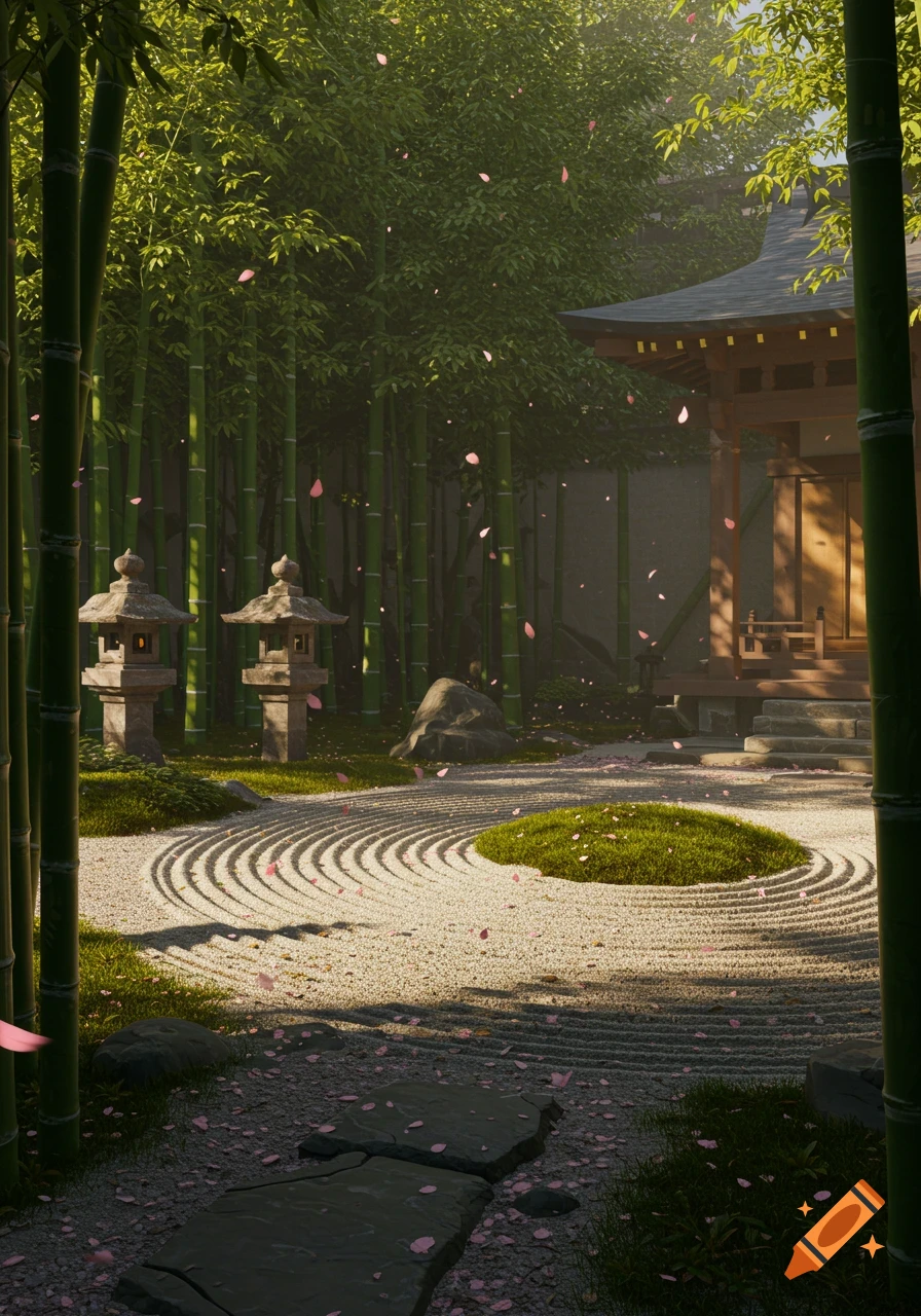 A serene Japanese rock garden with raked gravel, stone lanterns, a traditional building, and falling pink petals amidst tall bamboo.