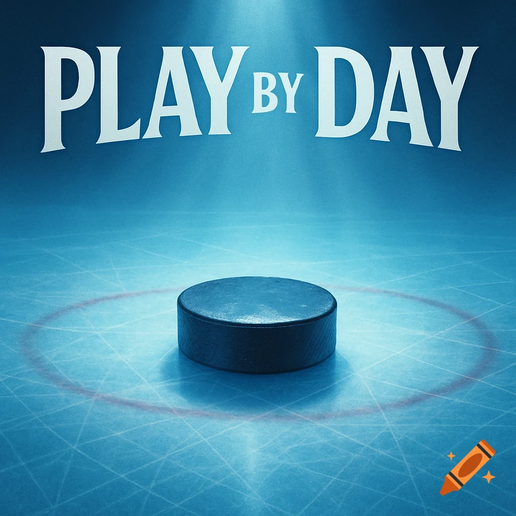 A black hockey puck rests on a blue ice rink with faint skate marks and a red circle. "PLAY BY DAY" in white text floats above.