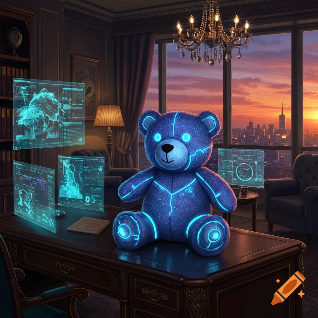 A glowing blue futuristic teddy bear on a wooden desk with holographic screens, a city at sunset in the background.