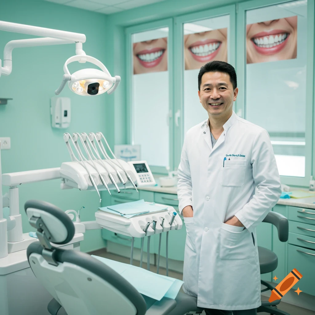 A smiling Asian male dentist in a white lab coat stands in a modern, mint-green dental office.