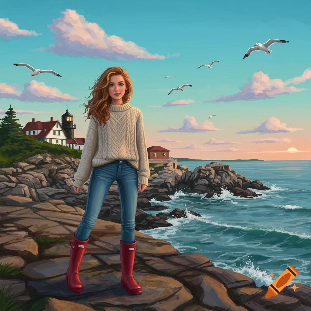 A young woman in a sweater, jeans, and red boots stands on a rocky coast with a lighthouse, ocean, and seagulls at sunset.