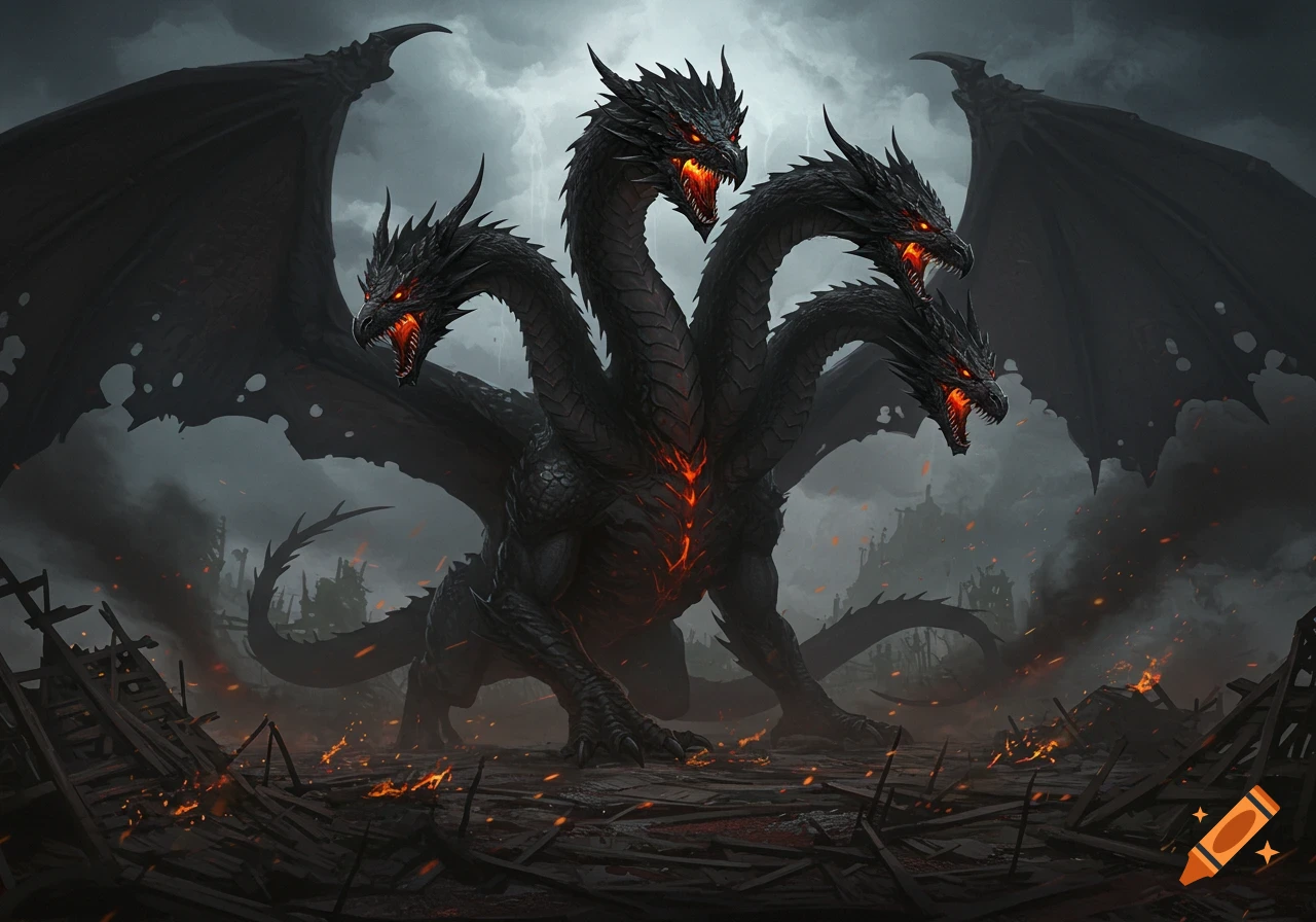 A terrifying five-headed black dragon with glowing red eyes and a fiery ...