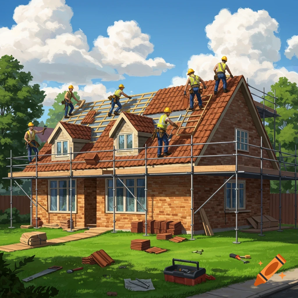 Illustrative image of construction workers installing a new roof on a brick house, surrounded by scaffolding.