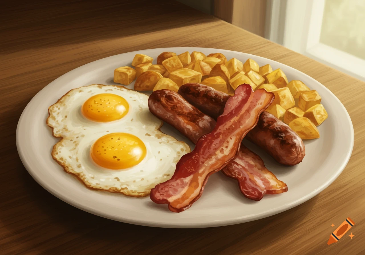 An illustrated breakfast plate with two fried eggs, bacon, sausages, and cubed homefries on a wooden table by a window.