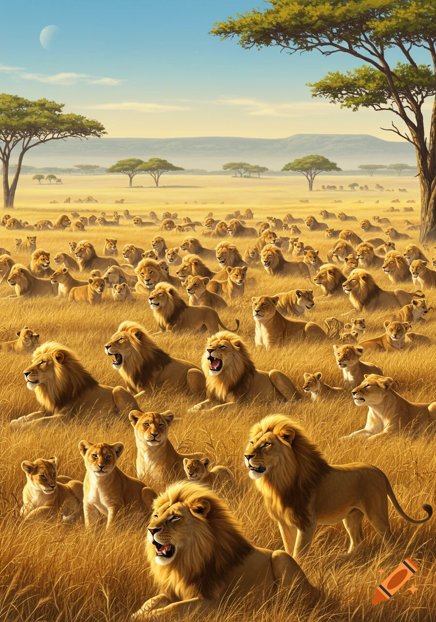 A vast pride of lions and lionesses resting and roaming across a sun-drenched African savanna under a clear sky.