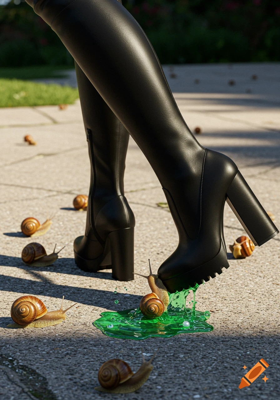 A person in black thigh-high boots steps on a snail, causing a green liquid splash on a concrete sidewalk with other snails nearby.