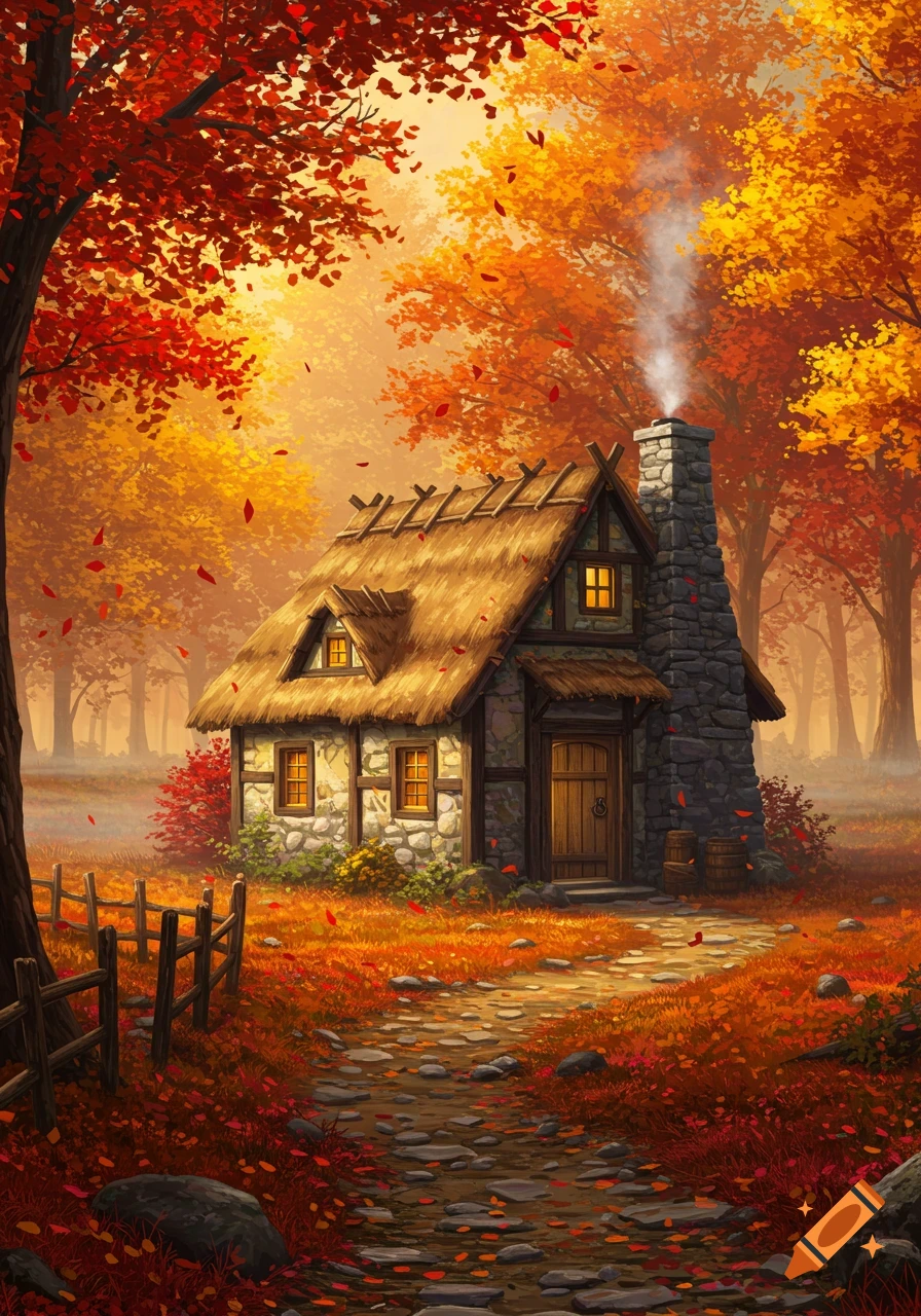 A cozy, stylized cottage with a thatched roof and stone chimney, nestled in a vibrant autumn forest with falling red and orange leaves.