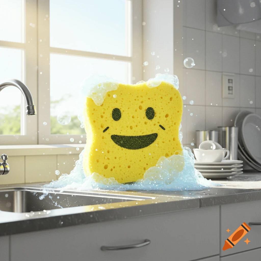 A happy yellow sponge with a smiley face covered in soap bubbles sits in a clean kitchen sink.