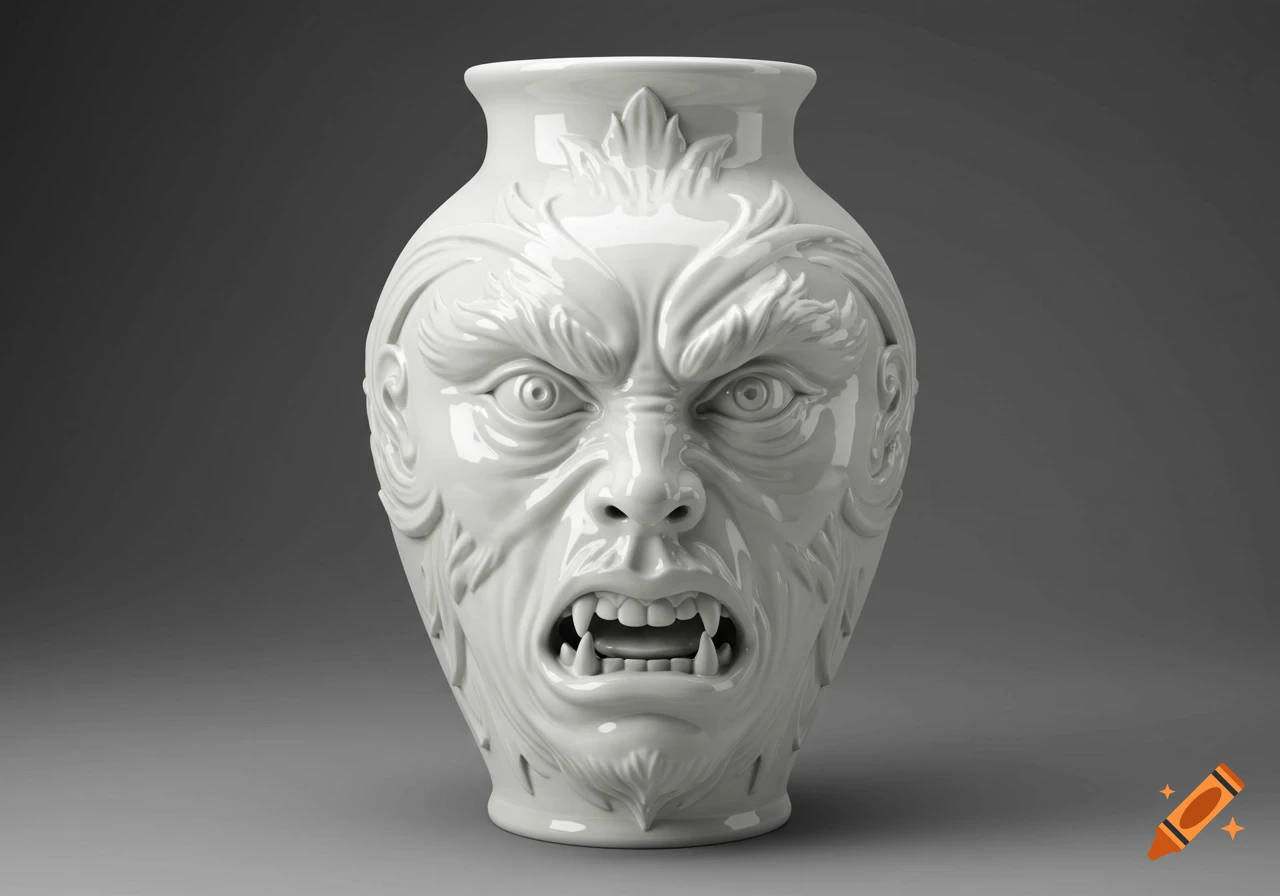 Hyperrealistic white porcelain vase sculpted with a snarling monster's face, on a gray background.