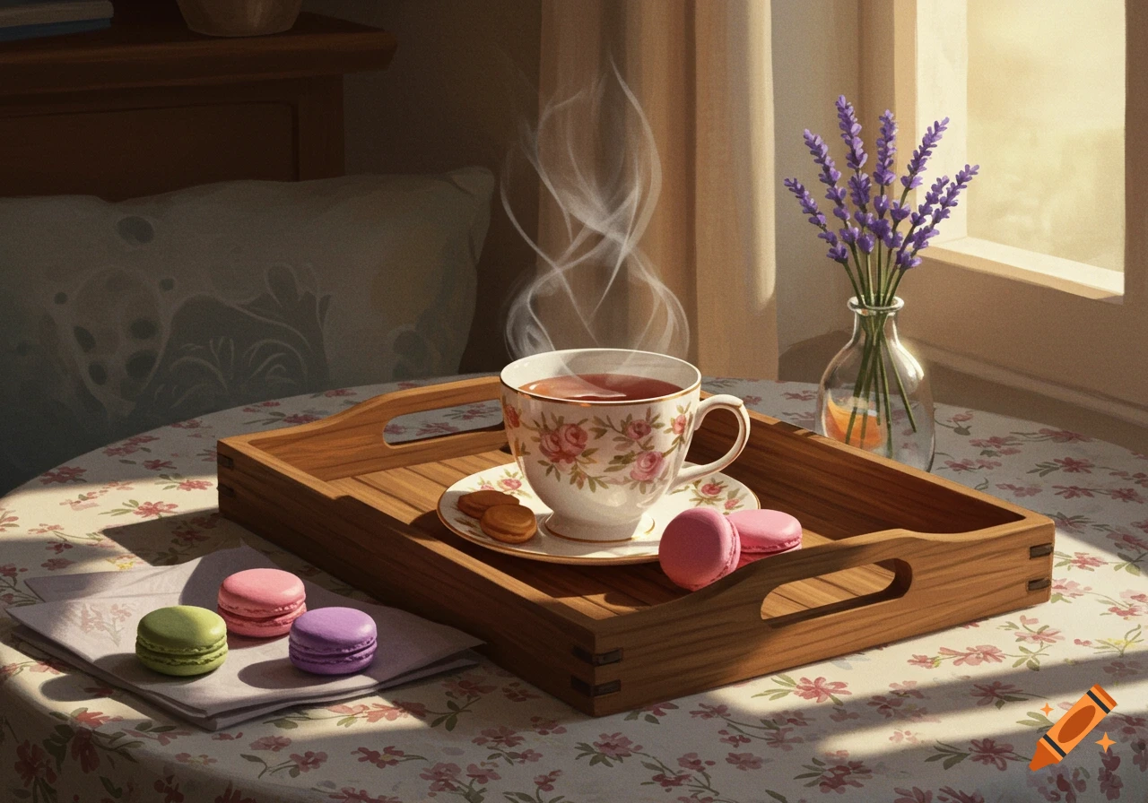 A cozy still life featuring a steaming cup of tea with macarons on a wooden tray, next to a vase of lavender, bathed in warm window light.