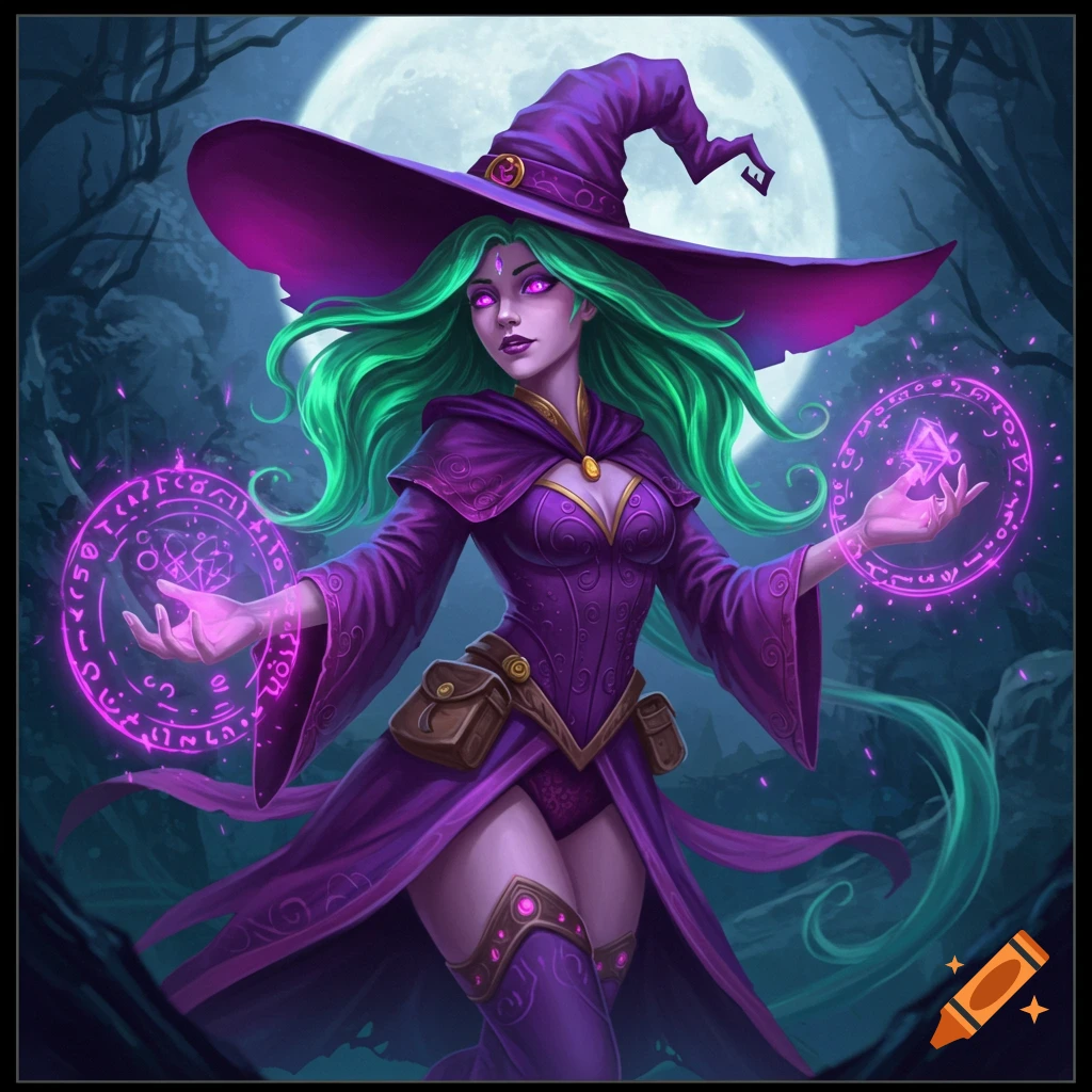 A stylized fantasy witch with green hair, purple eyes, and a wide-brimmed purple hat, casting glowing pink magic with runes over her hands, against a full moon and dark forest background.