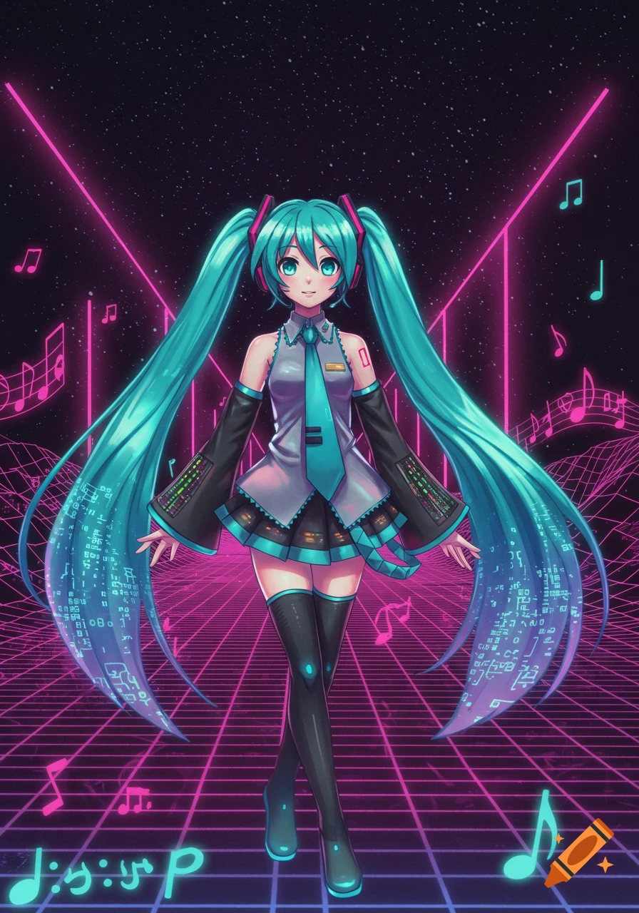 Hatsune Miku, with long turquoise pigtails, stands in a neon pink grid synthwave landscape with musical notes.