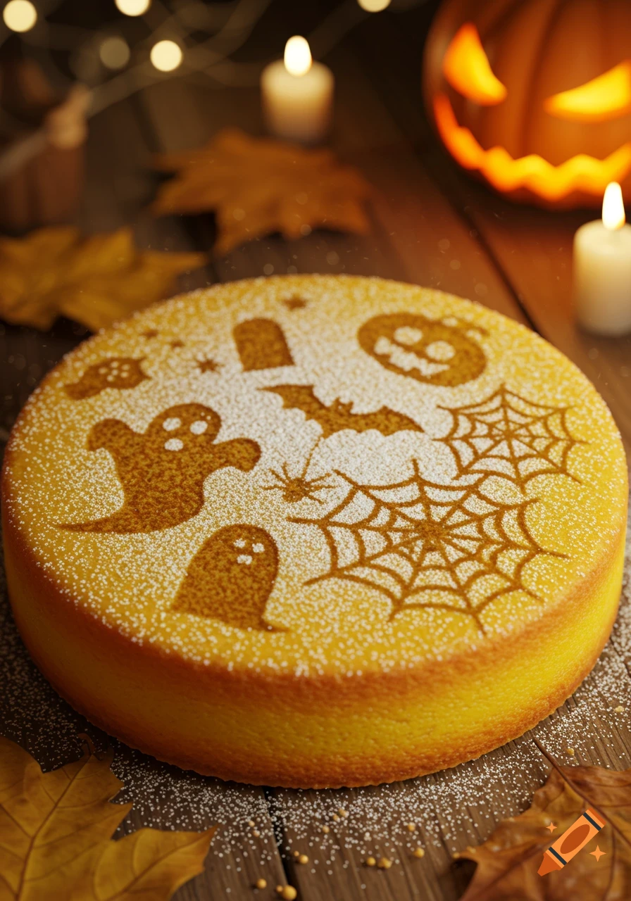 A round lemon cake decorated with powdered sugar Halloween stencils, including ghosts, bats, and spiderwebs, on a table with candles and a jack-o'-lantern.