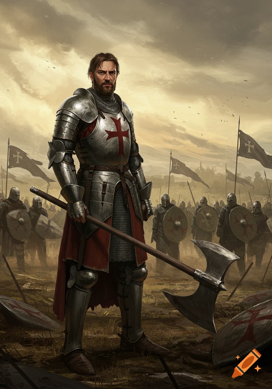 An armored knight with a red cross on his chest stands on a battlefield, holding a large axe, with an army behind him under a cloudy sky.