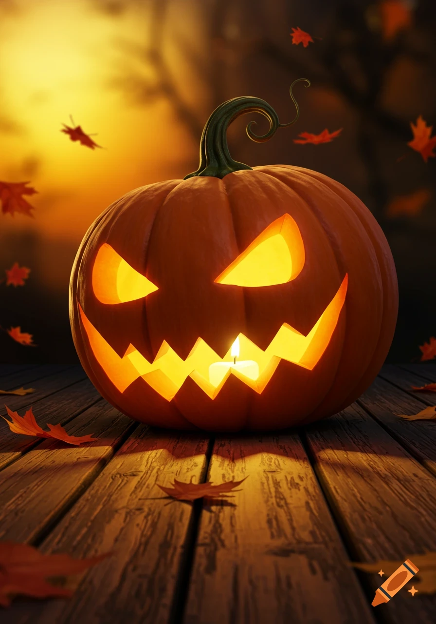 A glowing, spooky jack-o'-lantern with carved eyes and a jagged smile sits on a wooden surface surrounded by autumn leaves at dusk.