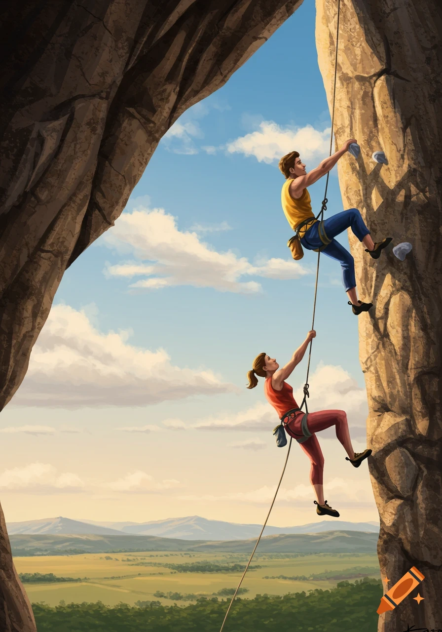 Two climbers on a steep rock face with a vast green valley and mountains in the background under a blue sky, digital art.