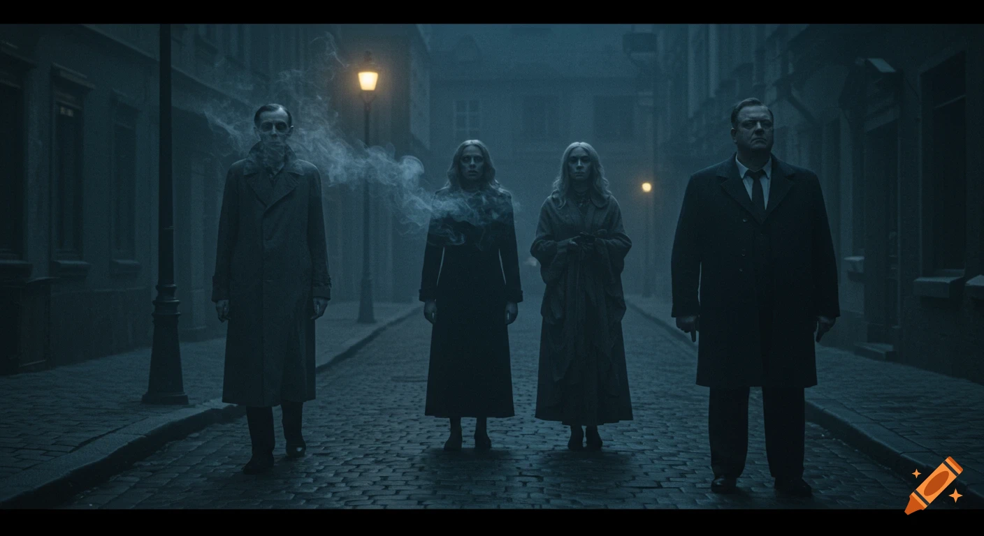 Four figures stand ominously on a foggy, cobblestone street at night, illuminated by streetlights, in a dark, atmospheric film noir style.