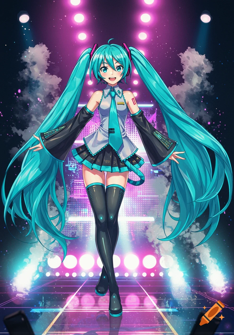An anime character with long turquoise pigtails, Hatsune Miku, stands on a neon-lit stage with spotlights, wearing a black, white, and turquoise outfit.