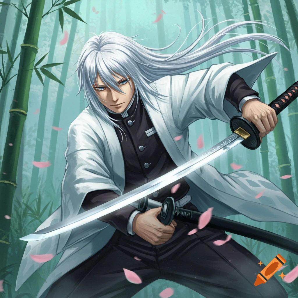 Anime character with long white hair and blue eyes, wearing a white haori, holding a katana in a bamboo forest with falling pink petals.