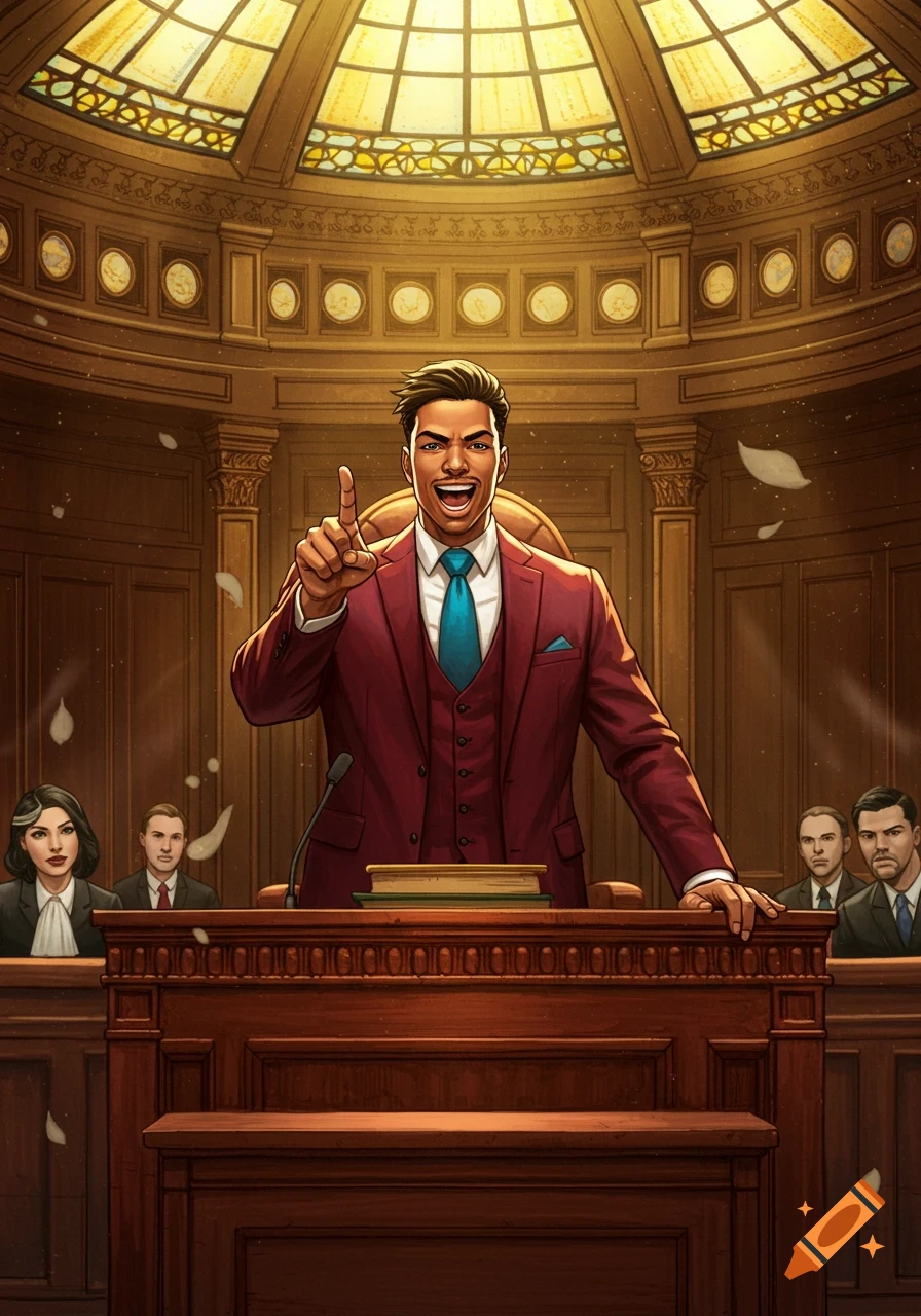 A stylized illustration of a man in a red suit and blue tie speaking passionately and pointing in a grand courtroom setting.