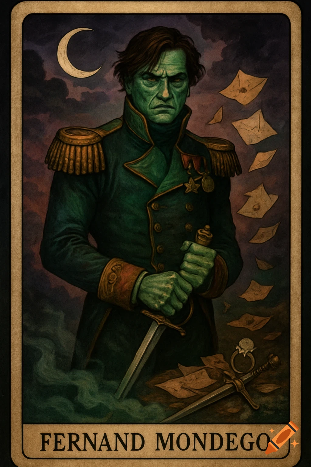 A tarot card portrait of Fernand Mondego, a stern man with green skin in a dark green military uniform, holding a sword under a crescent moon with floating papers and a diamond ring nearby.