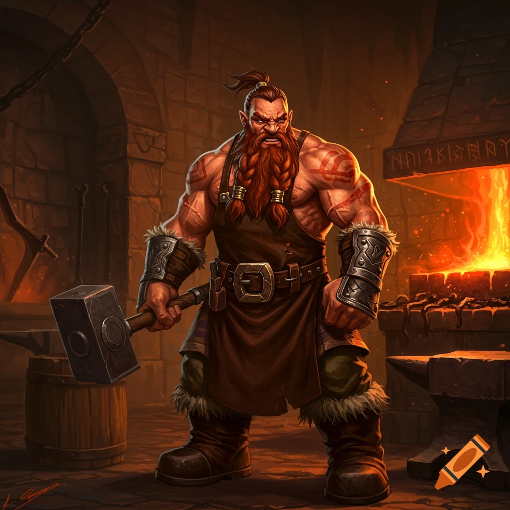 Muscular, red-bearded dwarf blacksmith with a maul stands in a glowing forge, fantasy art.