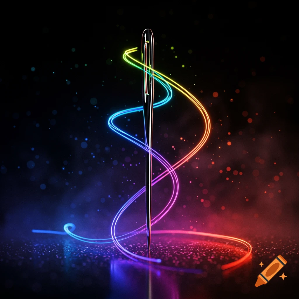 A shiny sewing needle stands vertically, wrapped in a glowing rainbow neon light trail on a dark, reflective surface.