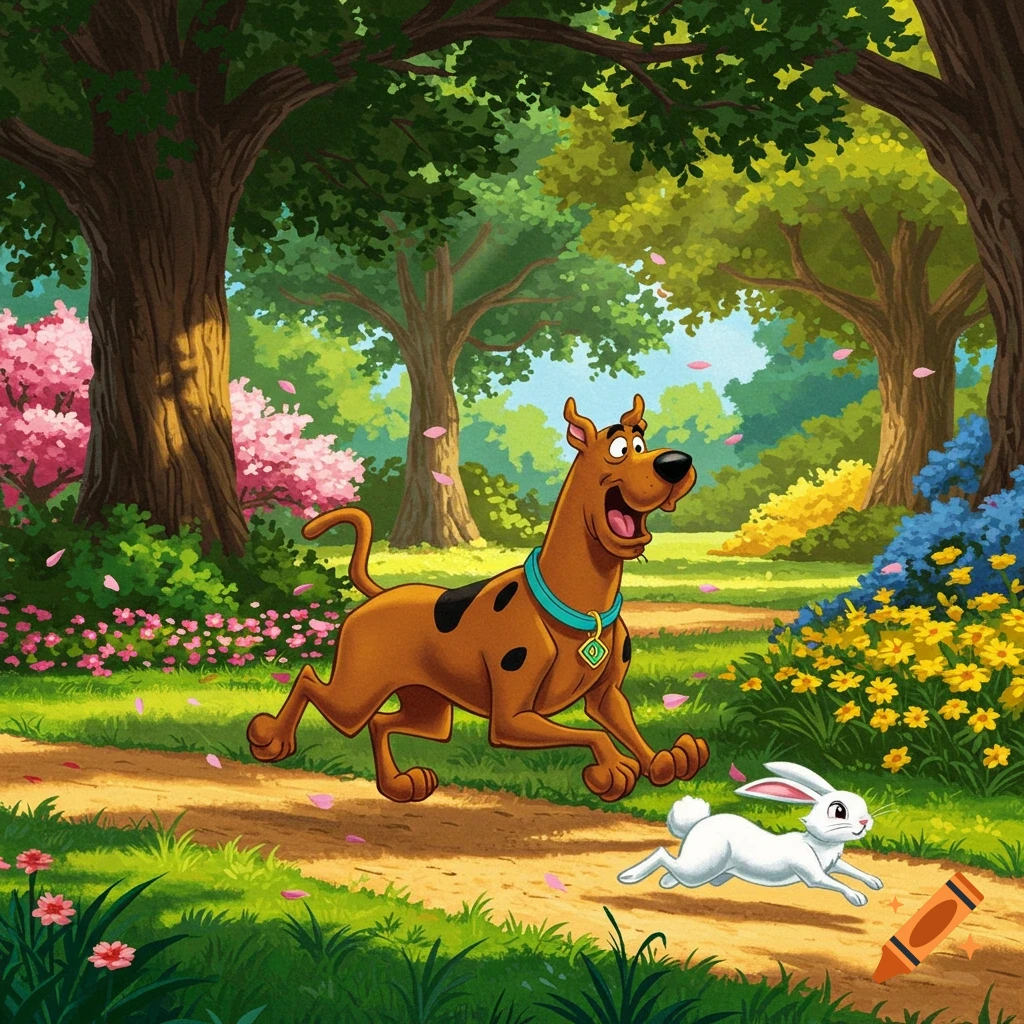 Scooby The Rabbit Scooby Doo, a brown dog, happily chases a white rabbit through a ...