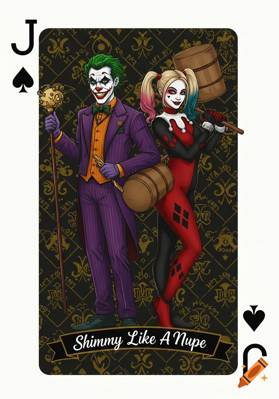 Cartoonish Joker and Harley Quinn in red and black outfits, holding a cane and mallet respectively, on a playing card with "J" of spades corners and "Shimmy Like A Nupe" at the bottom.