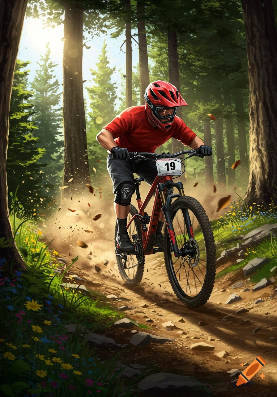 An illustrated mountain biker in a red shirt and helmet rides a dirt trail through a sun-dappled forest, kicking up dust.