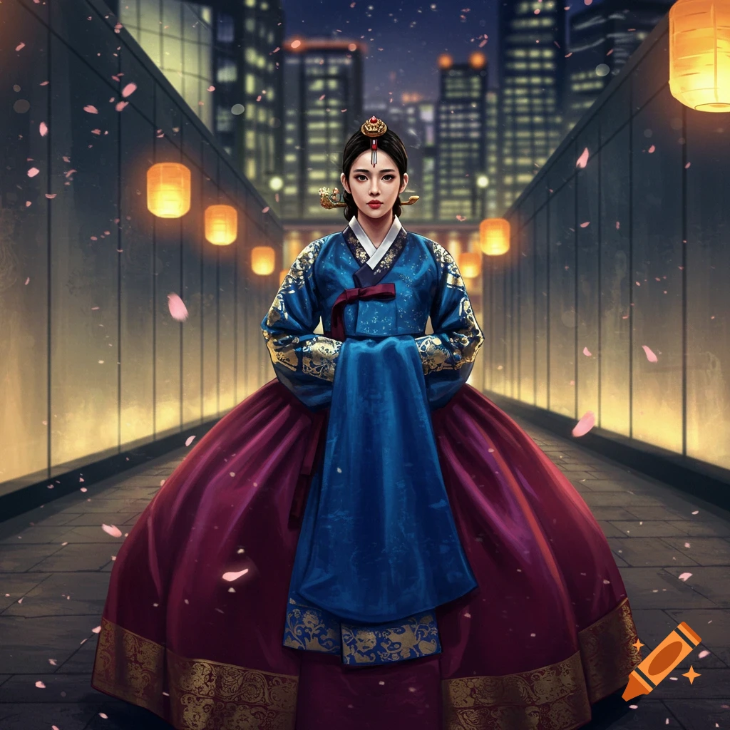 A woman in a voluminous blue and red modern Hanbok stands in a city alley at night with lanterns and falling pink petals, digital art.