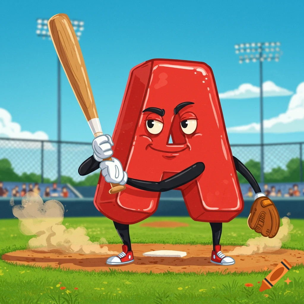 A red cartoon letter A with arms and legs, holding a baseball bat and wearing a baseball glove, stands on a baseball field.