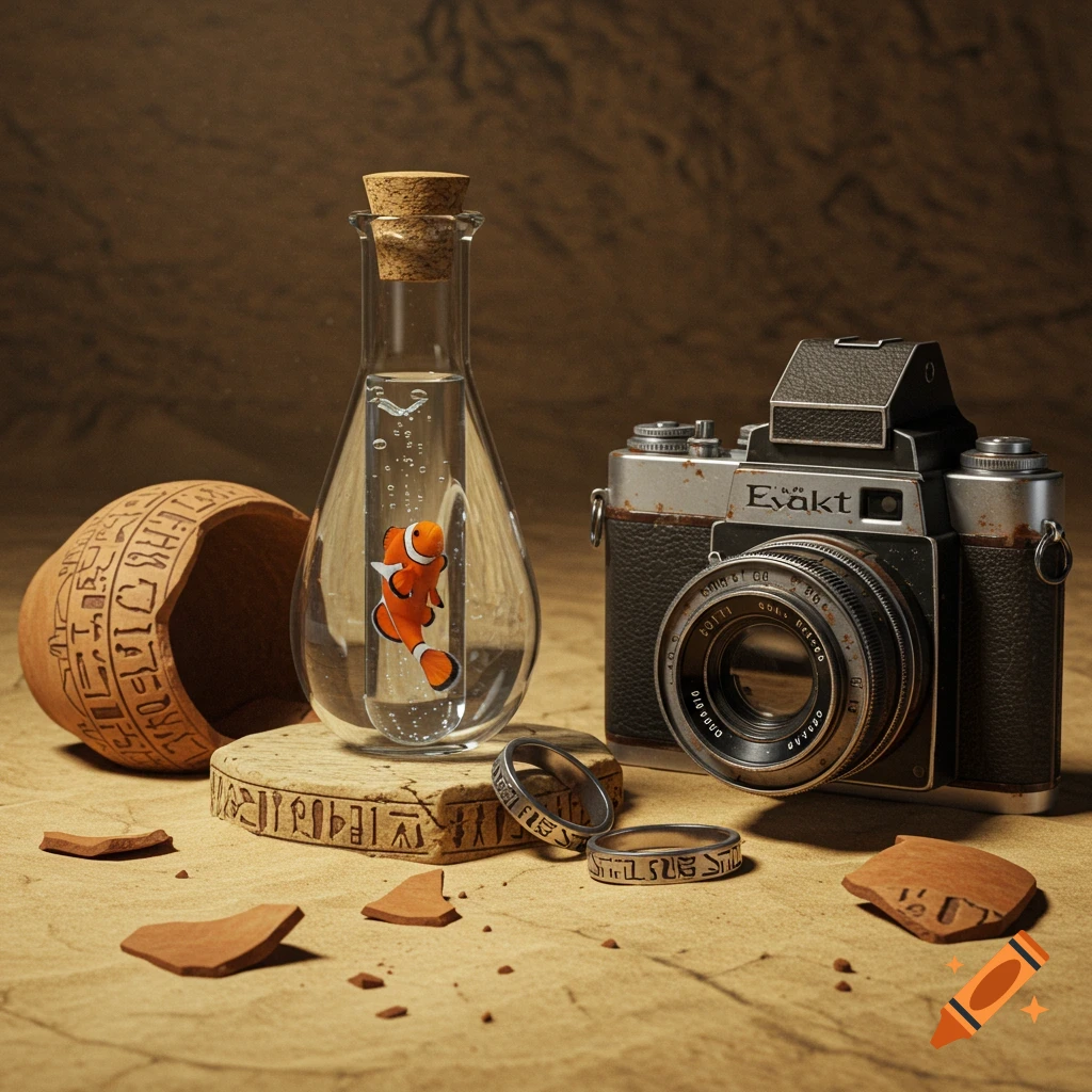 A still life features a glass bottle with a cork containing a clownfish, an old camera, an ancient broken pot with hieroglyphics, and two rings, all on a sandy surface.