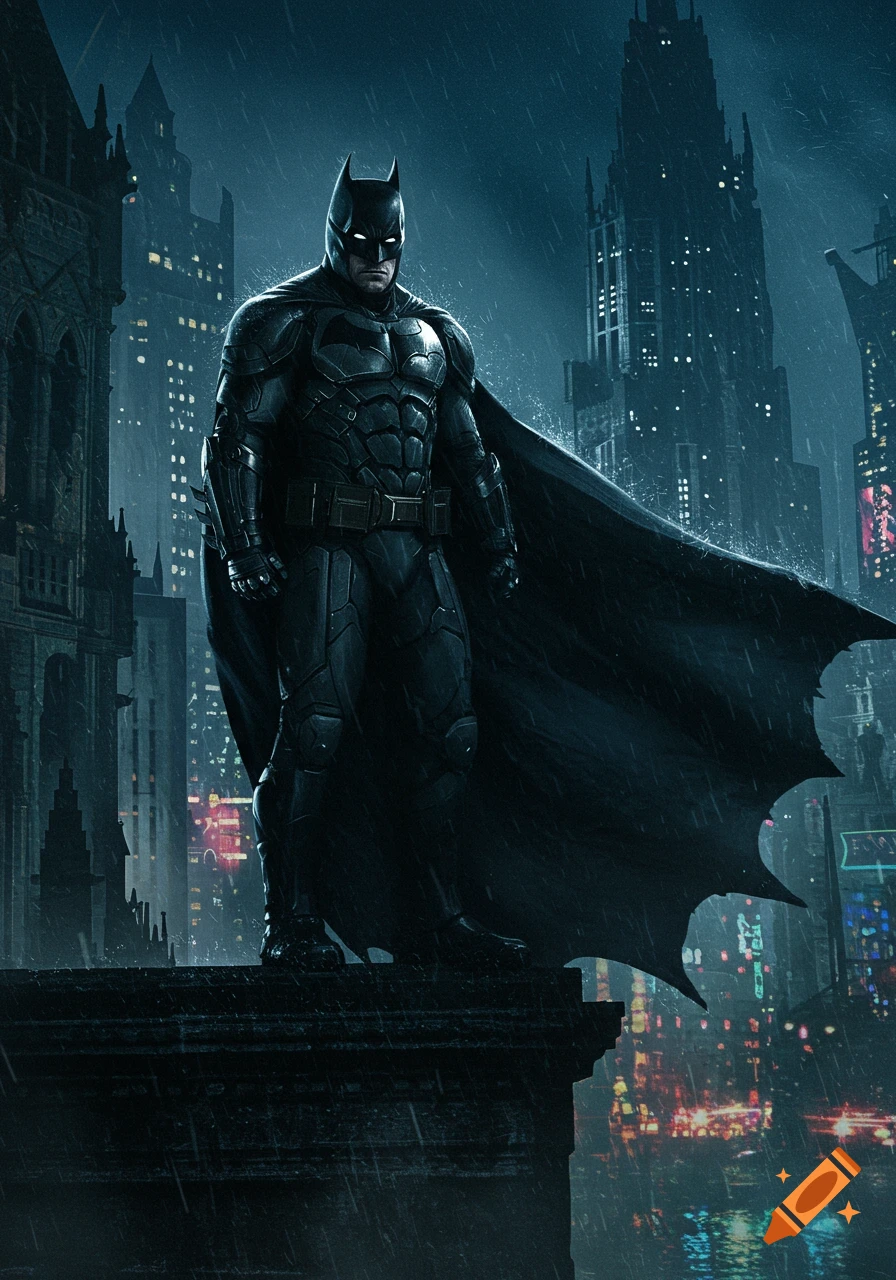 Batman stands majestically on a rooftop overlooking a dark, rainy Gotham City skyline with illuminated skyscrapers at night.