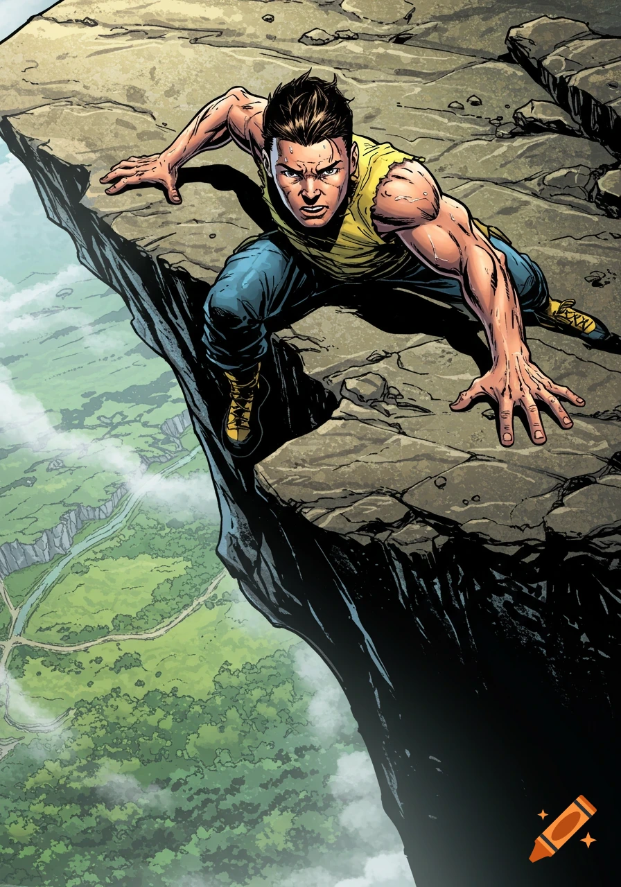 A muscular man in a yellow shirt and blue pants hangs precariously from a jagged cliff edge, looking down at a vast green landscape, comic art style.