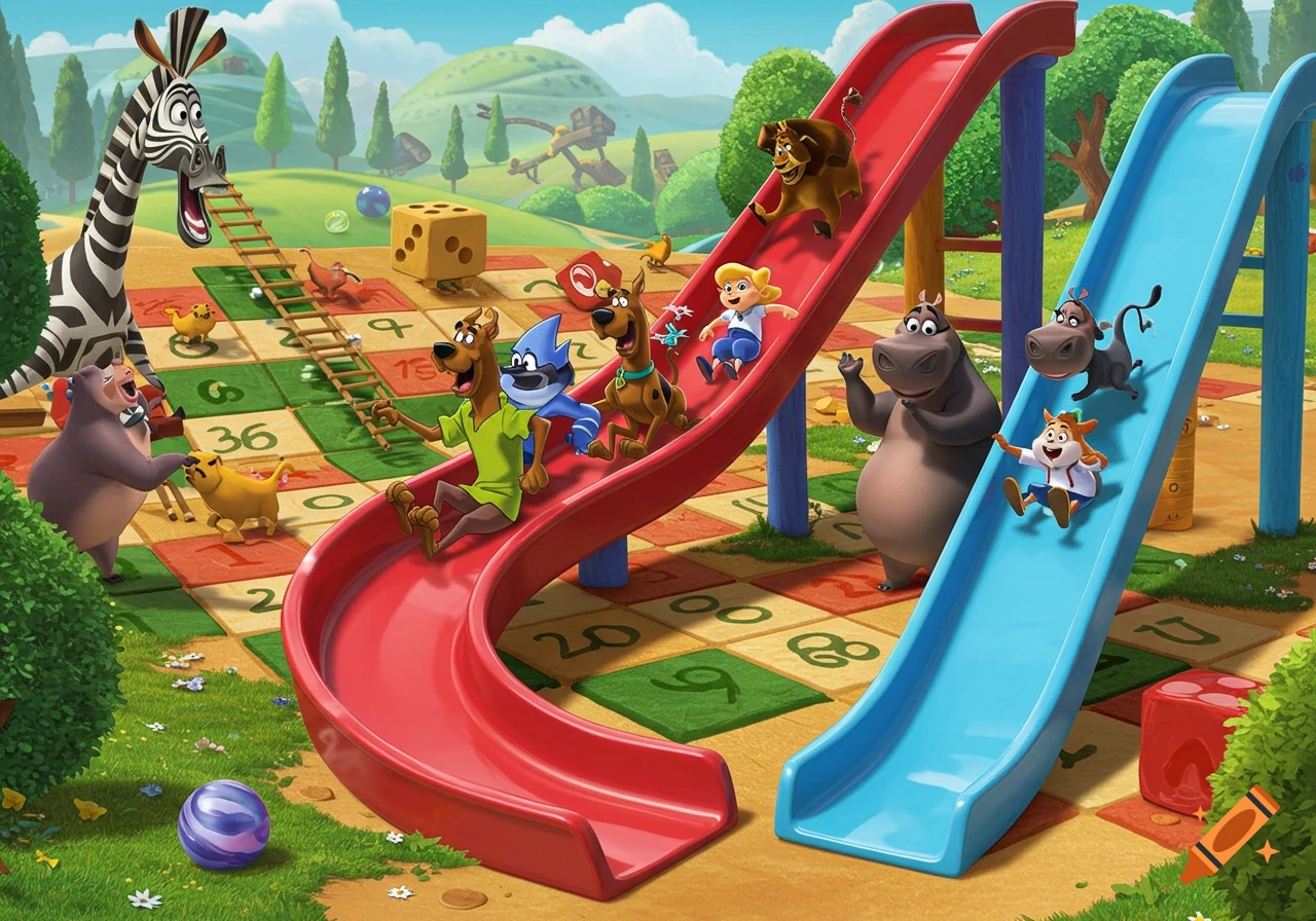 Cartoon characters play a giant outdoor board game resembling Chutes and Ladders, with Scooby-Doo, a blue bird, and a lion on a red slide, while other animals are on a blue slide and around the board.