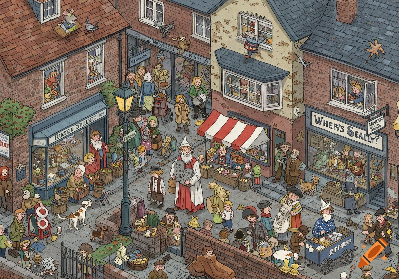 A highly detailed, cartoon-style illustration of a bustling English town market scene from a high bird's-eye view, with numerous people, shops, and buildings.