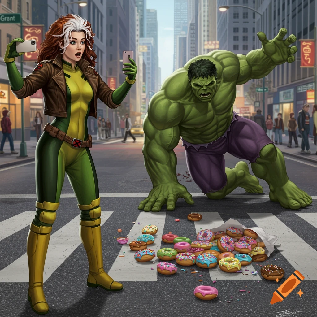 Rogue takes a selfie as Hulk kneels distraught over spilled donuts on a city crosswalk in comic art style.