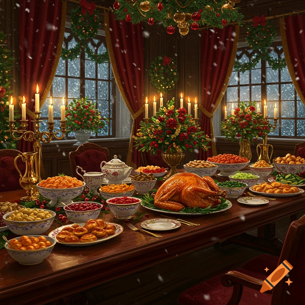 A grand Victorian Christmas feast with a roasted turkey, many side dishes, candles, and festive decorations in a dining room with snow falling outside.