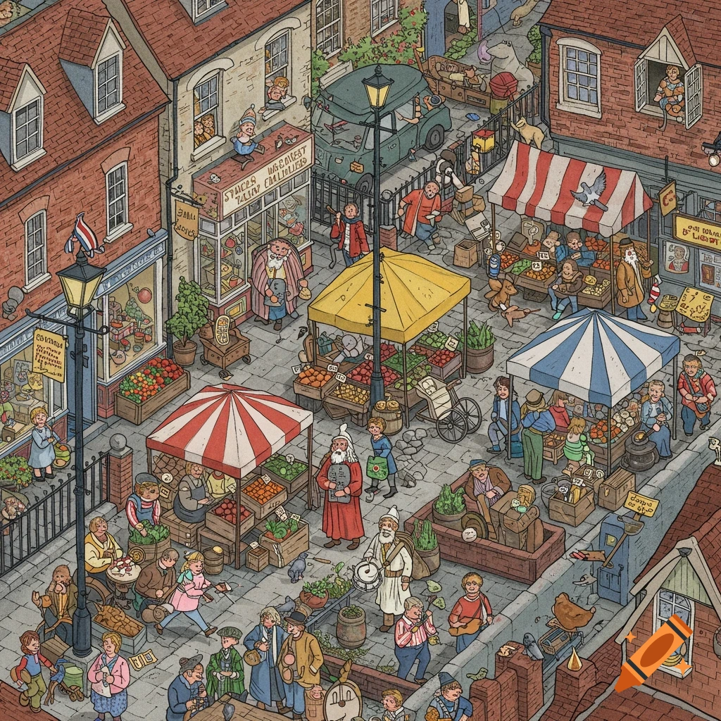 A detailed, high-angle, "Where's Wally?" style illustration of a bustling English town market street, with numerous people, shops, stalls, and hidden characters.