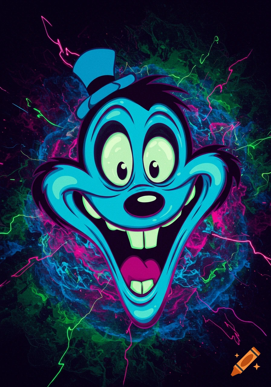 A stylized cartoon character with big eyes, a wide grin showing large teeth, and a small blue hat, against a swirling neon pink, blue, and green background.