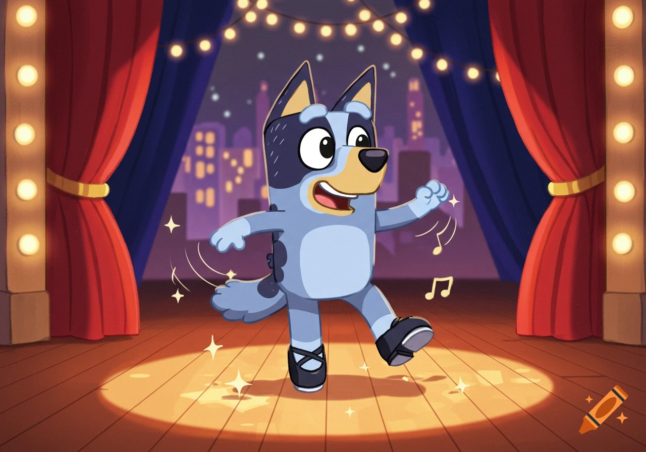 Cartoon Bluey tap dancing on a spotlighted stage with red curtains and a city night skyline in the background.