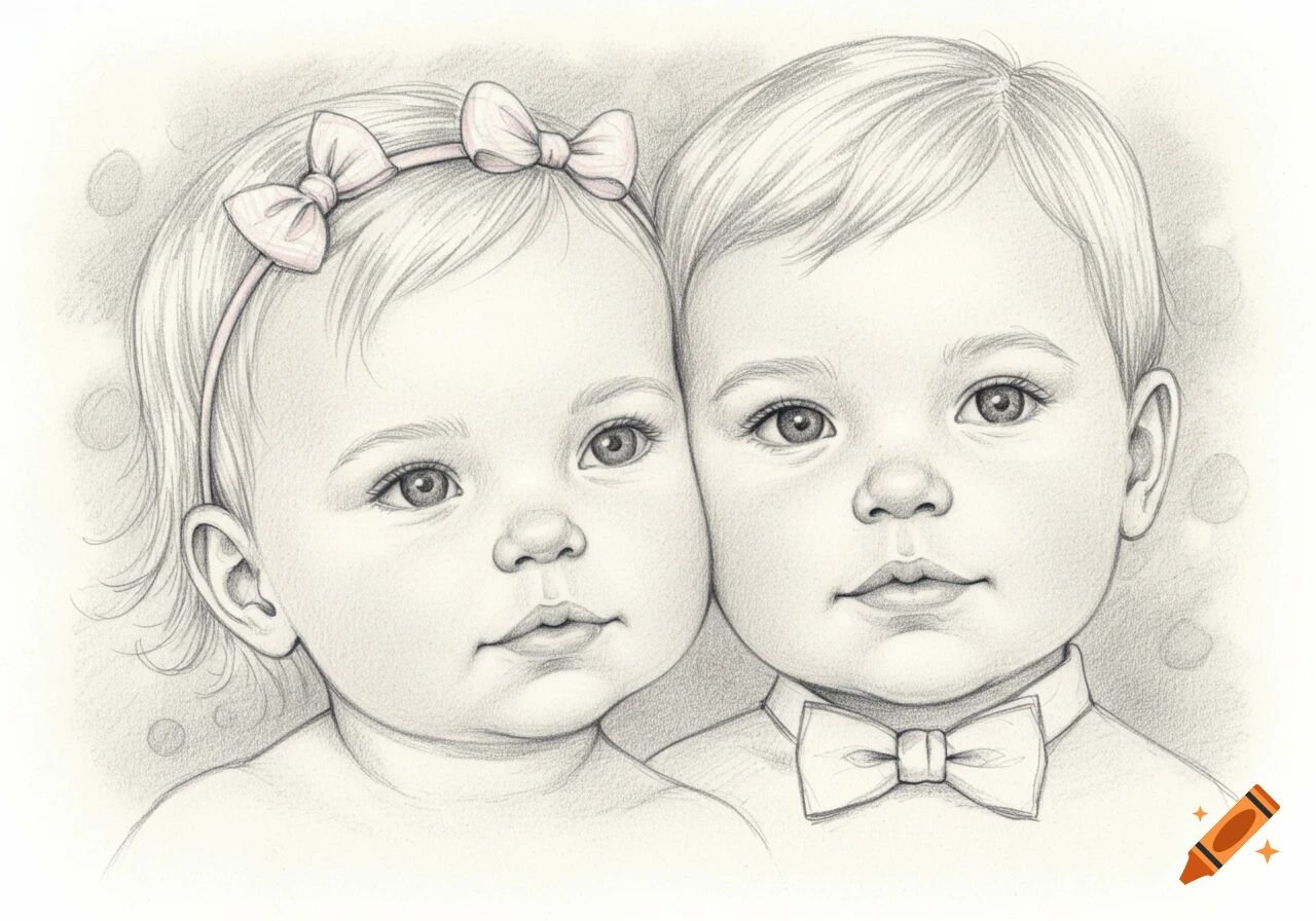 Pencil drawing of twin babies, a girl with a pink bow headband and a boy with a bow tie.