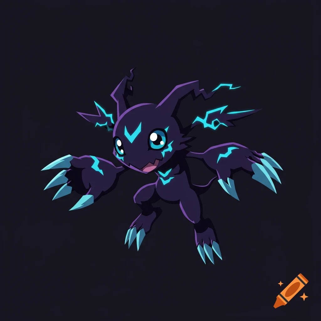 A stylized dark purple Digimon-like creature with glowing blue lightning patterns, sharp claws, and large blue eyes on a dark background.