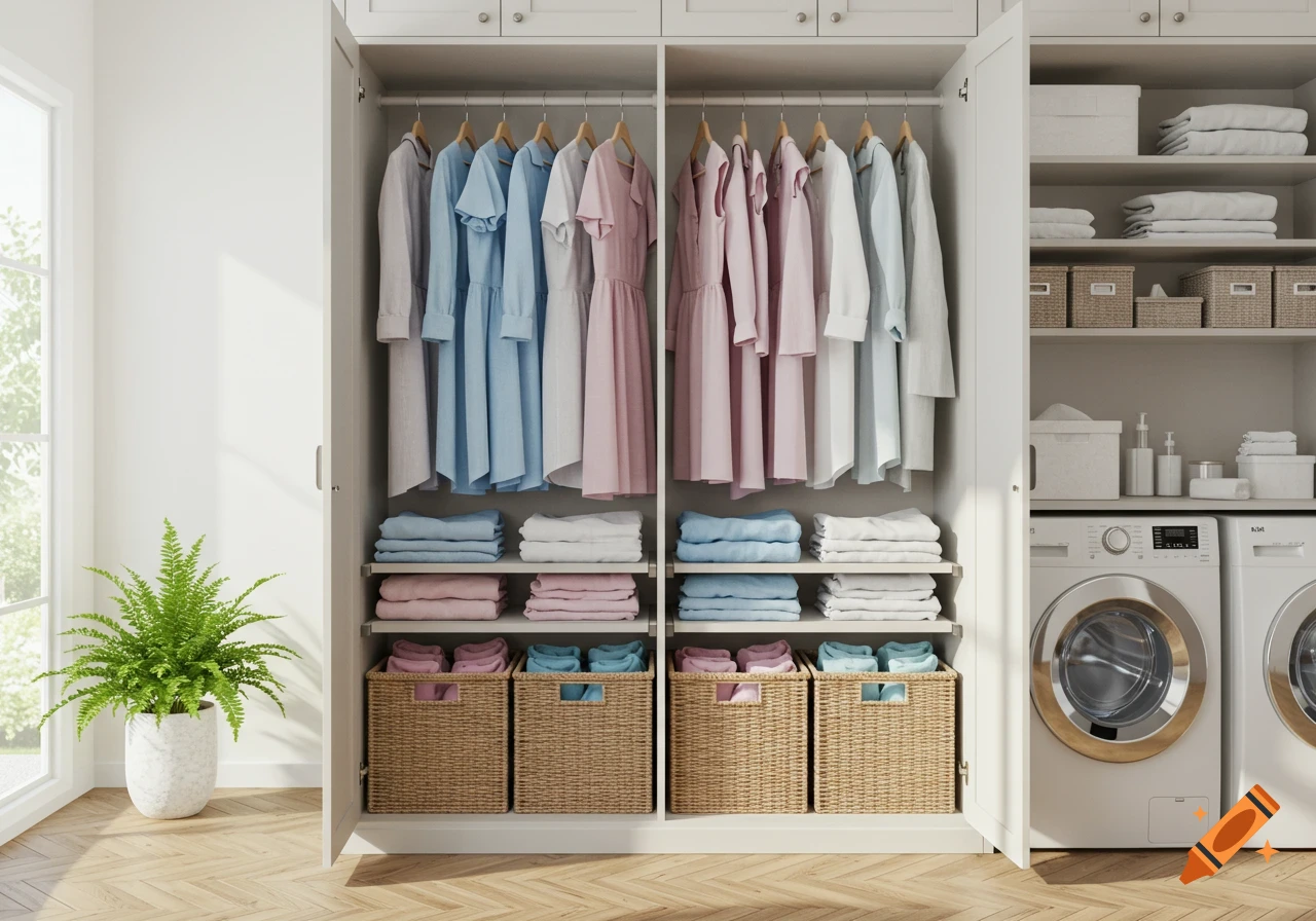 A modern, neatly organized wardrobe and laundry room featuring hanging clothes, folded linens, wicker baskets, and two washing machines.