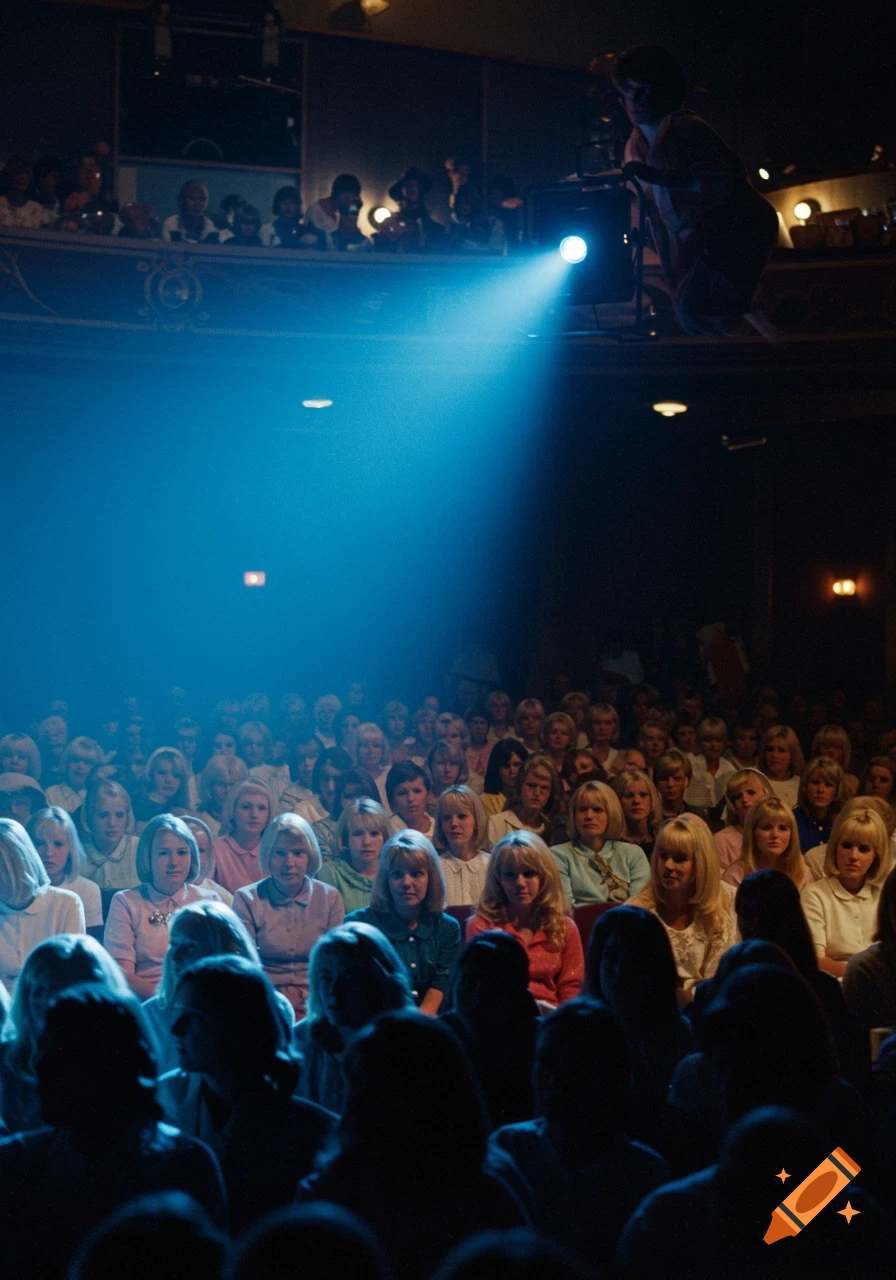 A large audience of blonde women in a dark theater, illuminated by a vibrant blue spotlight cast from a technician in an upper booth.